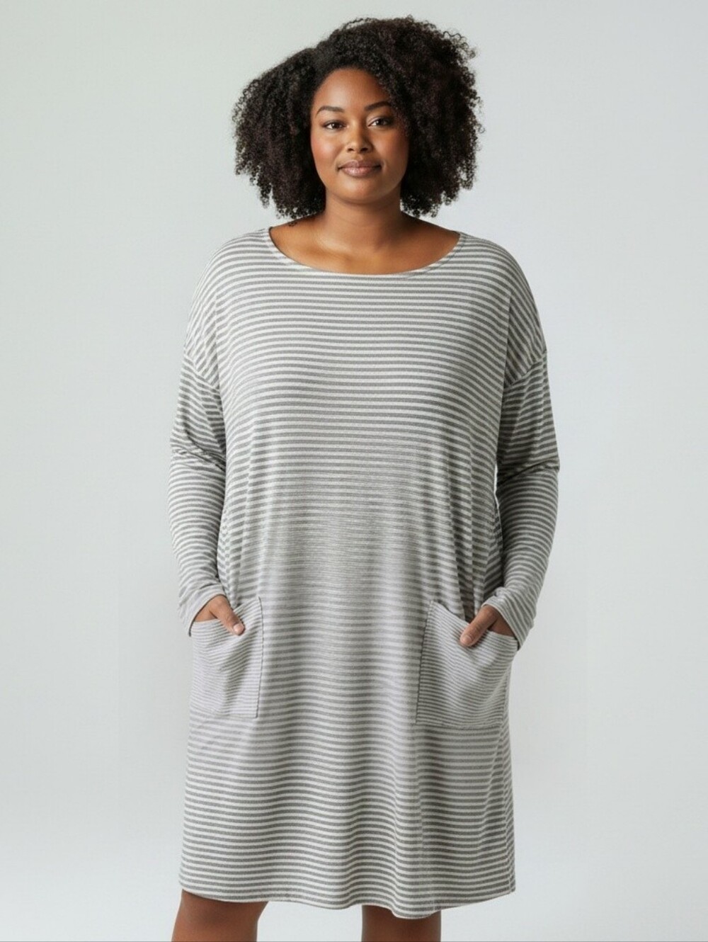 J Jill Gray Stripe Long Sleeve Slouchy Pocket Shift Dress Womens Plus Size 2X